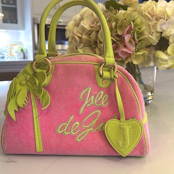 Vintage Juicy Couture Pink and Green Satchel Y2K Terry Bowling Bag - Picture 2 of 15